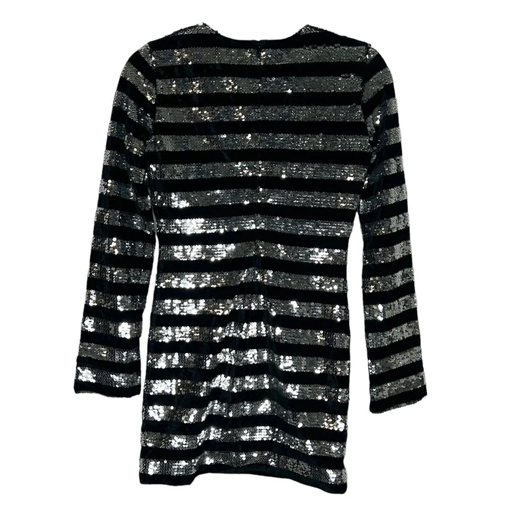 RtA Silver Sequin and Black Velvet Striped Lomg Sleeve Bodycon Mini Dress